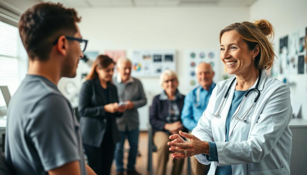 A bustling clinic for speech and language therapy, where a professional speech-language pathologist attentively assists patients with various communication disorders. The foreground showcases the clinician, their warm expression and focused gaze, guiding a patient through exercises. The middle ground depicts a diverse range of clients - a child with autism, an elderly individual with Parkinson's, and an adult recovering from a stroke - each receiving tailored interventions. The background subtly hints at the range of tools and resources available, from diagnostic equipment to visual aids and communication devices. Soft, natural lighting bathes the scene, conveying a sense of calm and professionalism. The overall atmosphere reflects the clinician's expertise, empathy, and dedication to helping individuals overcome their communication challenges.
