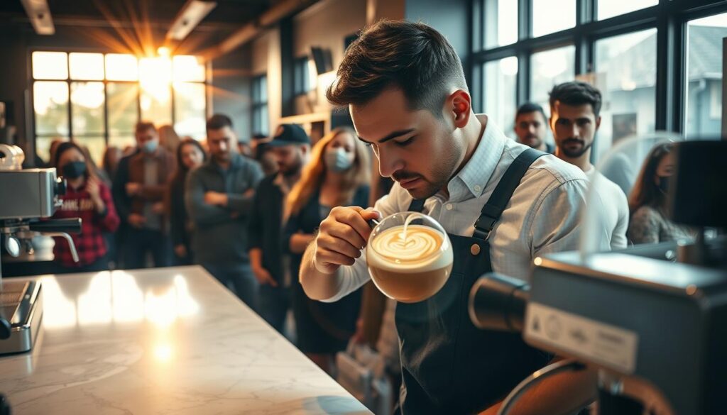 A bustling coffee shop interior, with a focused barista meticulously crafting a complex latte art design. Vibrant rays of natural light stream through large windows, casting warm hues across the marble countertop and sleek espresso machine. The barista's face is etched with concentration, hands deftly maneuvering the milk pitcher, pouring with precision. Steam rises in swirling tendrils, as the aroma of freshly ground beans permeates the air. Behind the barista, a queue of impatient customers wait, their expressions a mix of anticipation and weariness. The scene conveys the intense focus and multitasking required of a skilled barista, juggling customer demands and maintaining quality in a fast-paced, high-pressure environment.