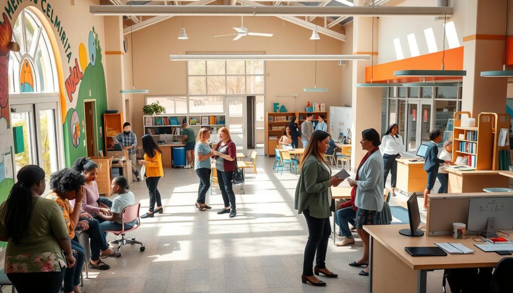 A bustling community center, with a welcoming entrance and vibrant mural on the facade. Inside, a spacious open-plan layout showcases a variety of activities - a group therapy session, a children's play area, a career counseling desk, and a bustling administrative office. Natural light floods the space, creating a warm and inviting atmosphere. Social workers, dressed in professional attire, engage with clients of diverse backgrounds, offering guidance and support. The scene conveys a sense of collaboration, empowerment, and the vital role social workers play in enriching the lives of those they serve.