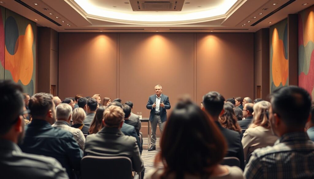 A bustling conference room, the spotlight shines on a poised facilitator standing at the center, guiding a dynamic discussion. Vibrant abstract patterns adorn the walls, reflecting the energy and focus of the engaged audience. Warm, diffused lighting creates a sense of professionalism and authority, while subtle gradients in the background subtly draw the eye towards the facilitator. The scene captures the facilitator's role as a catalyst, skillfully orchestrating the exchange of ideas and enabling meaningful collaboration.