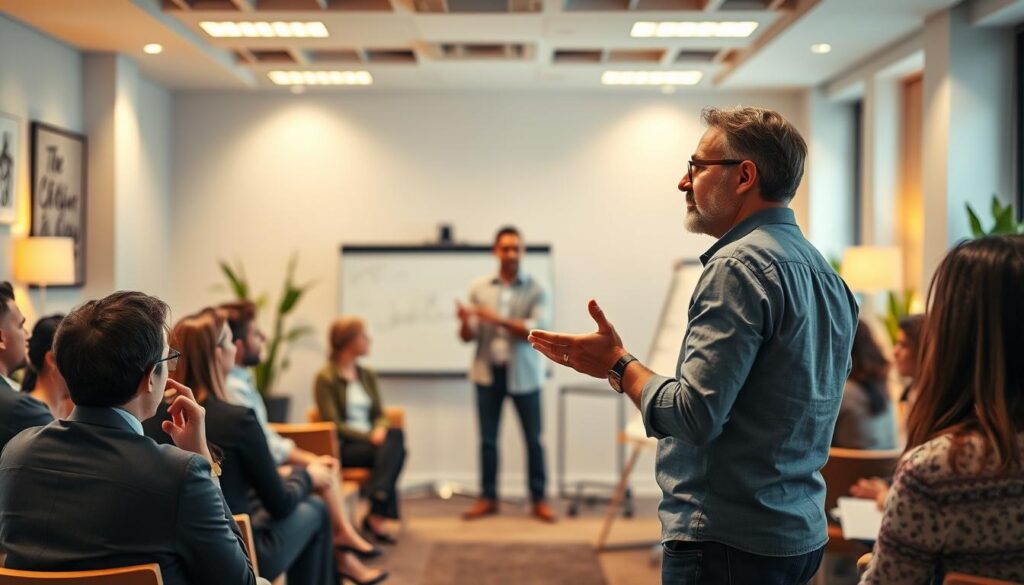 A bustling conference room, warm lighting illuminating the space. In the foreground, a facilitator stands at the front, gesturing animatedly as they guide a group discussion. Surrounded by attentive participants, the facilitator's role is to ensure the meeting stays on track, foster collaboration, and draw out insights from the team. The middle ground features a large whiteboard or digital display, where ideas and action items are being captured. In the background, the room is adorned with inspirational wall art and potted plants, creating a comfortable, professional atmosphere conducive to productive dialogue. The facilitator's posture is confident, their expression engaged, as they skillfully navigate the discussion, synthesizing inputs and steering the group towards a shared understanding.