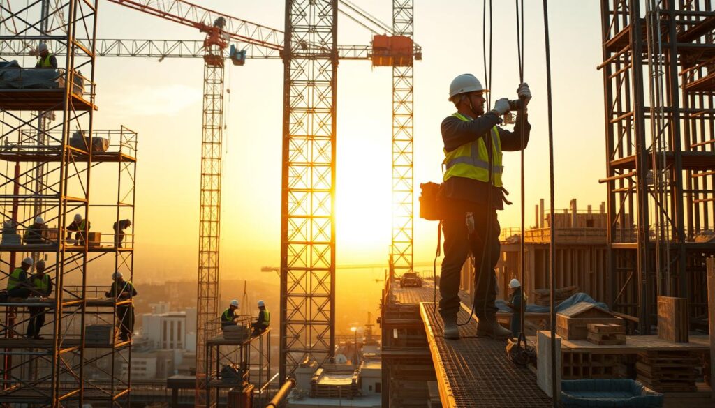 A bustling construction site at dawn, workers in hard hats and reflective vests ascend scaffolding and operate heavy machinery against a backdrop of a towering steel frame. In the foreground, a skilled tōbishi (high-rise worker) deftly navigates the precarious edge, securing cables and inspecting the structure through a wide-angle lens. Mid-ground, a team of carpenters and masons collaborate, shaping wood and mortar into the building's form. The scene is bathed in warm, golden light, conveying the diligence and precision inherent to the day's tasks. This image captures the dynamic rhythm and purpose-driven nature of a tōbishi's workday.