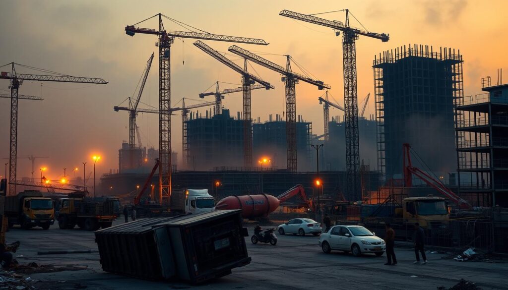 A bustling construction site at dusk, with heavy machinery and workers toiling under warm, golden lighting. In the foreground, an overturned truck signals logistical challenges, while in the middle ground, cranes and scaffolding reach skyward, casting dramatic shadows. The background is hazy with dust and the silhouettes of partially completed buildings, evoking the demanding nature of the industry. The atmosphere is one of hard work, risk, and the strain of meeting deadlines in a dynamic, ever-changing environment.