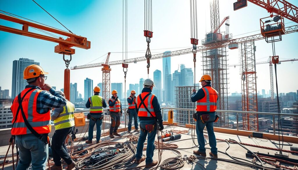 A bustling construction site on a bright, sunny day. In the foreground, several skilled workers in hard hats and reflective vests are operating various types of hoisting equipment, such as cranes, pulleys, and winches. The middle ground showcases a variety of specialized tools and equipment used by 鳶職 workers, including ropes, harnesses, and specialized rigging gear. In the background, the silhouettes of tall buildings and scaffolding suggest the scope and scale of the construction project. The scene conveys a sense of efficient, coordinated teamwork and the technical expertise required for these specialized 鳶職 roles.