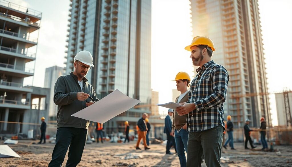 A bustling construction site with a team of dedicated building consultants overseeing the project. In the foreground, an architect reviews blueprints while engineers discuss design specifications. In the middle ground, construction workers diligently carry out their tasks under the consultants' guidance. The background features a modern high-rise building, its sleek glass facade reflecting the sky. Warm sunlight filters through, illuminating the scene with a sense of progress and accomplishment. The consultants' expertise and collaborative approach are central to the efficient and successful completion of this complex construction endeavor.