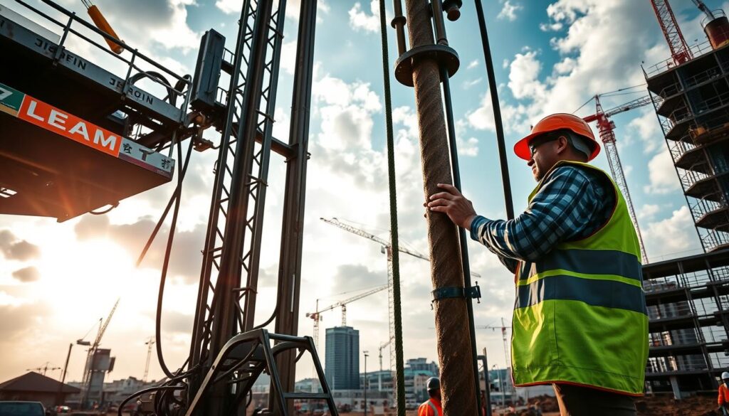 A bustling construction site, with a towering derrick and a hardworking driller operating the heavy machinery. The driller, clad in a safety vest and helmet, guides the drill bit through the earth, creating a deep, precise hole. Sunlight filters through the clouds, casting a warm glow over the scene. In the distance, cranes and scaffolding hint at the ongoing development, reflecting the growing demand for skilled drillers. The image conveys the importance of this profession, showcasing the driller's expertise and the vital role they play in shaping the built environment. The scene evokes a sense of progress and the promise of a thriving future for this dynamic career.