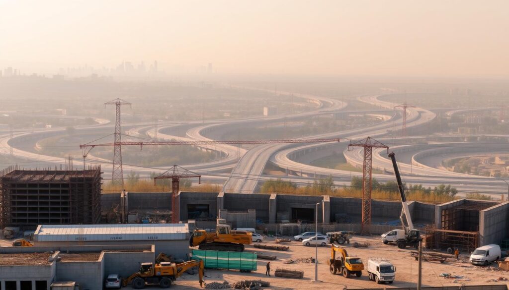 A bustling construction site with heavy machinery and workers in the foreground, surrounded by half-finished buildings and scaffolding. In the middle ground, a network of roads and power lines cutting through the landscape, hinting at the scale of the public works project. The background fades into a hazy skyline, emphasizing the urban sprawl and the far-reaching impact of this infrastructure development. The lighting is warm and natural, casting long shadows that add depth and drama to the scene. The overall atmosphere conveys the magnitude and complexity of public works, balancing progress and disruption.