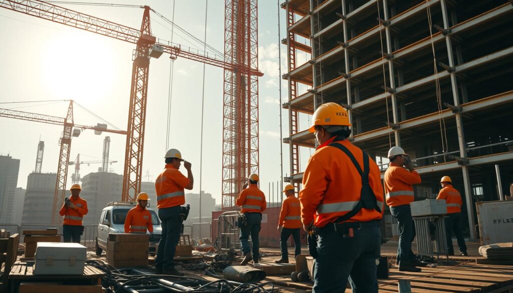 A bustling construction site, workers in distinctive orange uniforms and hard hats engaged in various tasks - hoisting heavy loads, operating machinery, securing scaffolding. The sun casts a warm glow, creating dynamic shadows that accentuate the scene. In the background, towering cranes and the skeletal frames of a high-rise building under construction. The overall atmosphere conveys the hustle and diligence of the "Tobi" profession, a key component of Japan's thriving construction industry. Crisp, detailed rendering with a cinematic perspective to capture the essence of "Tobi" workers and their frequently asked questions.