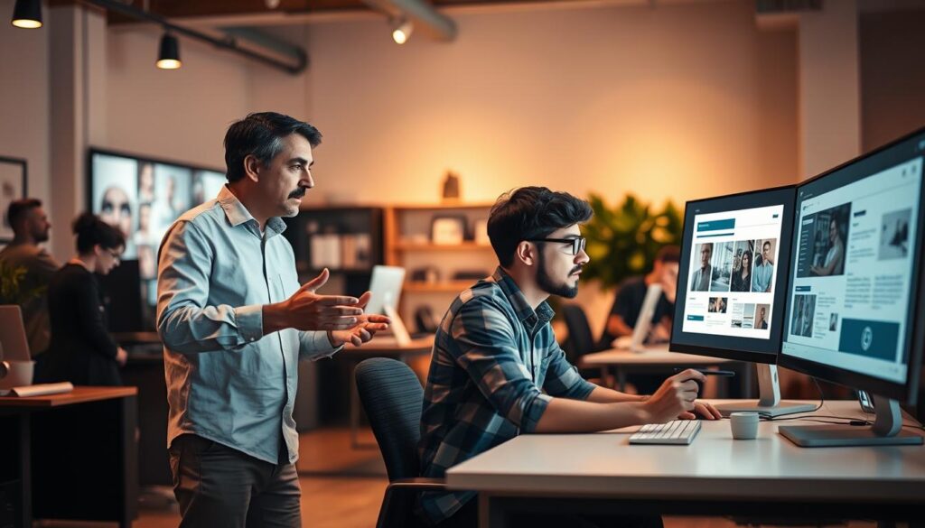 A bustling creative studio with an art director and designer collaborating intently. The art director, dressed in a crisp button-down shirt, gestures animatedly while reviewing design mockups on a large display. The designer, sitting at a sleek workstation, listens attentively, adjusting elements on the screen with a stylus. Warm, diffused lighting casts a professional, focused atmosphere, while modern furnishings and equipment evoke a dynamic, innovative workspace. The scene emphasizes the clear division of roles and responsibilities between the strategic art director and the hands-on designer, working in harmony to bring the creative vision to life.