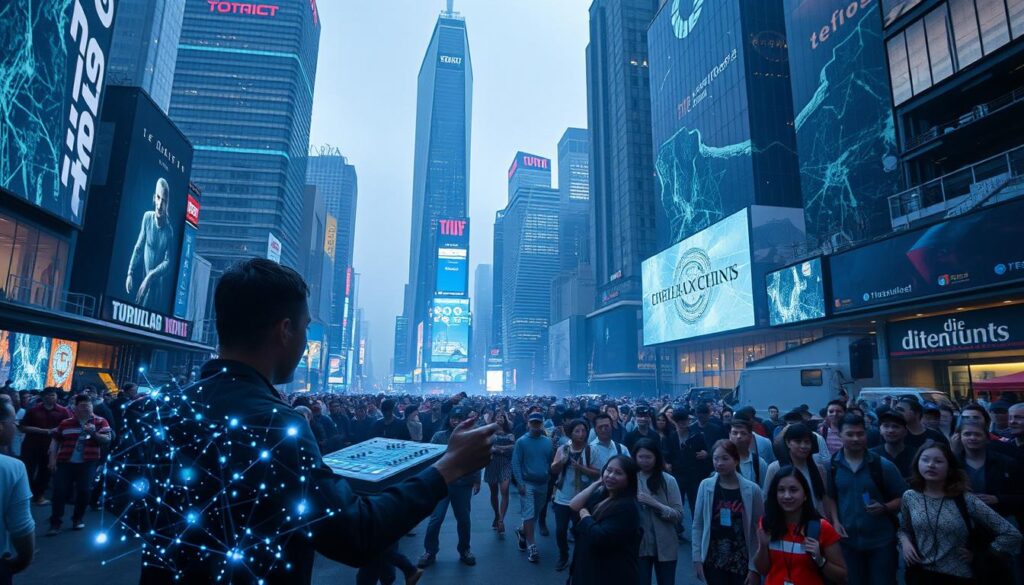 A bustling digital metropolis, where virtual and physical worlds seamlessly converge. In the foreground, a lone musician, fingers dancing across a touchscreen interface, weaving a tapestry of electronic melodies. Surrounding them, a kaleidoscope of holographic visualizations, pulsing in time with the music, casting a mesmerizing glow. In the middle ground, a diverse crowd of onlookers, captivated by the performance, their faces illuminated by the digital display. The background reveals a skyline of towering, futuristic structures, their facades adorned with interactive screens and projections, showcasing the integration of technology into every aspect of urban life. Soft, diffused lighting creates a dreamlike atmosphere, highlighting the seamless intersection of the digital and the physical. This is the dynamic, ever-evolving landscape of the digital age, where creativity and technology converge to redefine the role of the modern-day street musician.