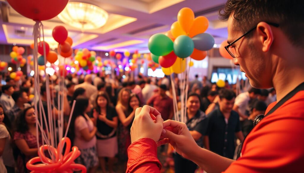 A bustling event venue, filled with colorful balloon creations. In the foreground, a skilled balloon artist expertly shapes intricate designs, their deft fingers twisting and inflating the vibrant latex. In the middle ground, guests gather around, eyes wide with wonder as they watch the transformation unfold. The background reveals a vibrant, lively atmosphere, with event decor, lighting, and a diverse crowd celebrating. The scene is captured with a wide-angle lens, showcasing the scale and energy of the event, while soft, warm lighting casts a welcoming glow, creating an inviting and engaging atmosphere.