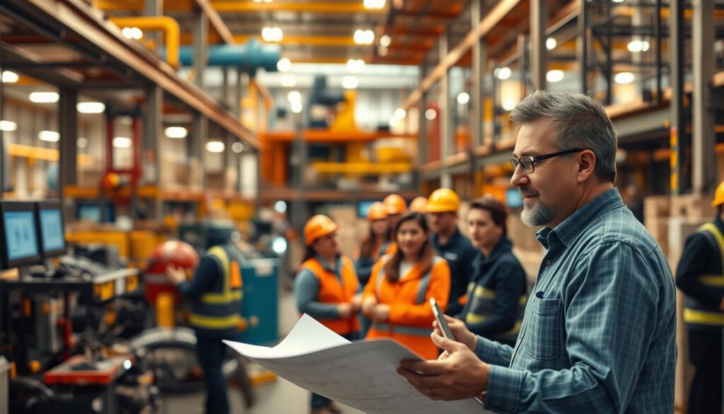 A bustling facility teeming with life and purpose, where a dedicated facility manager oversees the seamless orchestration of diverse operations. In the foreground, a confident professional examines blueprints, their gaze filled with a sense of pride and purpose, as they orchestrate the efficient management of the building's intricate systems. The middle ground reveals a well-coordinated team collaborating to maintain the facility's optimal functionality, their faces alight with a shared sense of accomplishment. In the background, the facility's infrastructure hums with activity, a testament to the manager's skilled oversight and the team's tireless efforts. Warm lighting casts a welcoming glow, evoking a atmosphere of fulfillment and the satisfaction of a job well done.