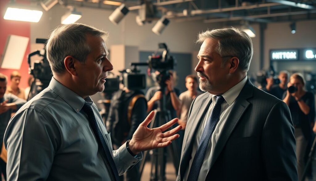 A bustling film studio, with a director and producer in deep discussion. The director, wearing a crisp shirt and tie, gestures passionately, while the producer, in a tailored suit, listens intently. Soft, warm lighting illuminates their faces, casting subtle shadows that convey the gravity of their conversation. In the background, a flurry of activity - cameras, lighting rigs, and a talented crew at work. The scene captures the distinct roles and responsibilities of these two key creative forces, their collaboration essential for the success of the project.