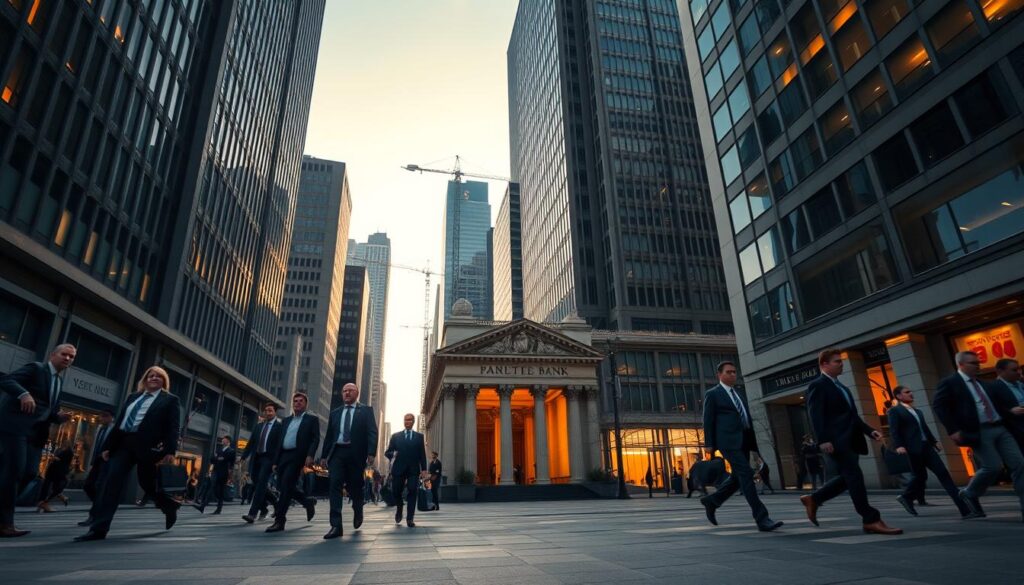 A bustling financial district at twilight, towering skyscrapers casting long shadows across the street below. In the foreground, a group of businesspeople hurry past, briefcases in hand, their expressions a mix of focus and anxiety. The middle ground features the entrance to a prestigious bank, its ornate facade illuminated by warm lighting. In the background, the skyline is punctuated by cranes and construction, symbolizing the industry's constant state of flux and reinvention. The scene is captured with a cinematic wide-angle lens, creating a sense of scale and drama. The overall mood is one of dynamism and uncertainty, reflecting the challenges and transformations facing the modern finance sector.