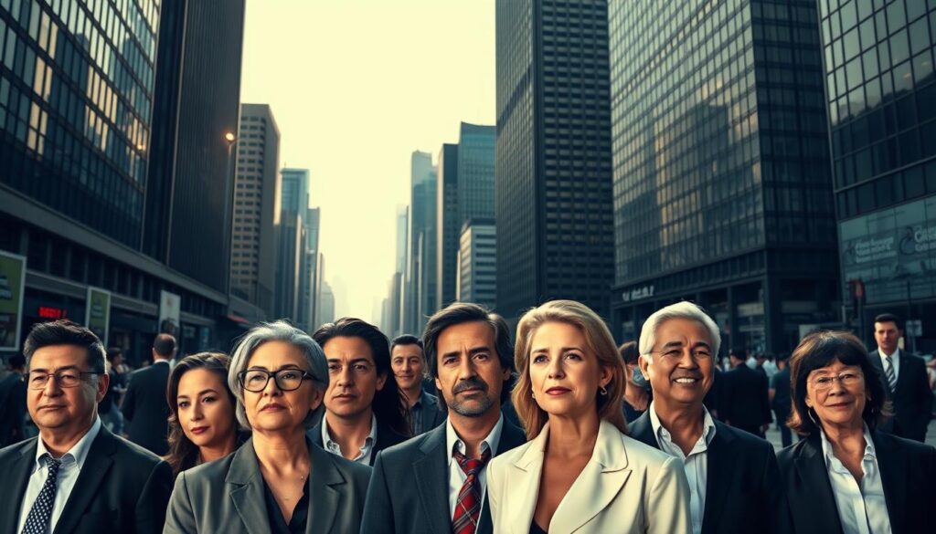 A bustling financial district, towering skyscrapers casting long shadows across the pavement. In the foreground, a cluster of well-dressed individuals, each representing a different industry sector - media, tech, healthcare, and more. Their expressions range from contemplative to confident, hinting at the disparities in their incomes as renowned columnists. Soft, directional lighting illuminates their faces, creating a sense of depth and drama. The background is a muted, urban landscape, allowing the figures to take center stage. The overall composition conveys the diversity of the columnist profession and the varying financial realities they face, mirroring the section title "業界別コラムニストの収入実態".