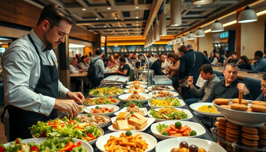 A bustling food court scene, captured in a dynamic low-angle perspective. In the foreground, a food coordinator meticulously arranges an array of culinary delights - vibrant salads, gourmet sandwiches, and artfully plated desserts. The middle ground showcases the coordinator interacting with chefs and servers, coordinating the flow of orders and ensuring visual harmony across the various food stations. In the background, a diverse crowd of diners sit at tables, enjoying the fruits of the coordinator's labor. Warm, diffused lighting casts a cozy glow over the scene, creating an inviting atmosphere. The image conveys the multifaceted role of a food coordinator, balancing the artistic, logistical, and interpersonal aspects of their work.