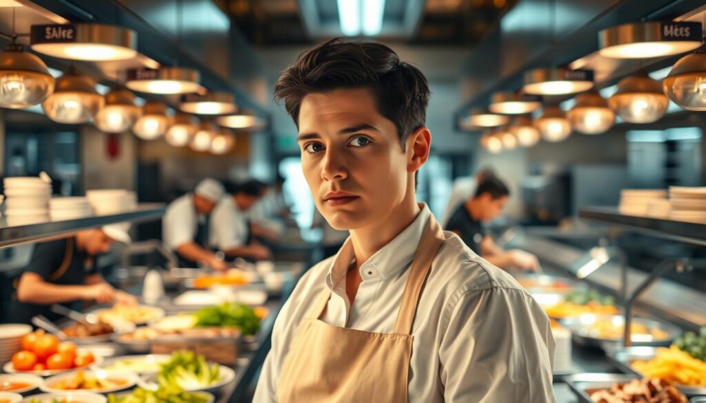 A bustling food court scene with a food coordinator at the center, dressed in a crisp white shirt and apron, overseeing the preparation and presentation of various dishes. Warm lighting illuminates the space, accentuating the vibrant colors of the fresh ingredients. In the background, a team of chefs and assistants work diligently, each contributing their unique skills and expertise. The coordinator's gaze is focused, their expression one of calm authority as they direct the flow of the kitchen. The scene conveys the dynamic and collaborative nature of the food coordinator's role, with an emphasis on their pivotal position in orchestrating the seamless execution of a successful culinary experience.