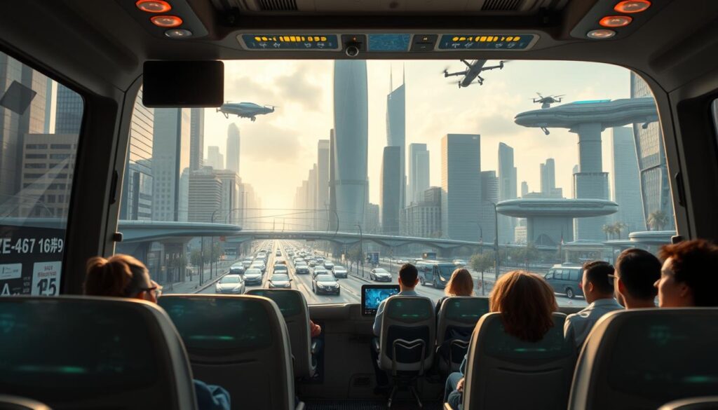A bustling futuristic city skyline, with towering skyscrapers and hovercraft traffic. In the foreground, a sleek, autonomous bus guides passengers through the urban landscape. The bus is equipped with advanced holographic displays, gesture-controlled interfaces, and self-driving capabilities. Inside, passengers recline in comfortable, ergonomic seats, immersed in virtual entertainment systems. Soft, ambient lighting creates a calming atmosphere, as the bus navigates efficiently through the congested streets. In the background, a network of elevated walkways and drone delivery systems showcase the technological advancements transforming the role of the modern-day bus guide.