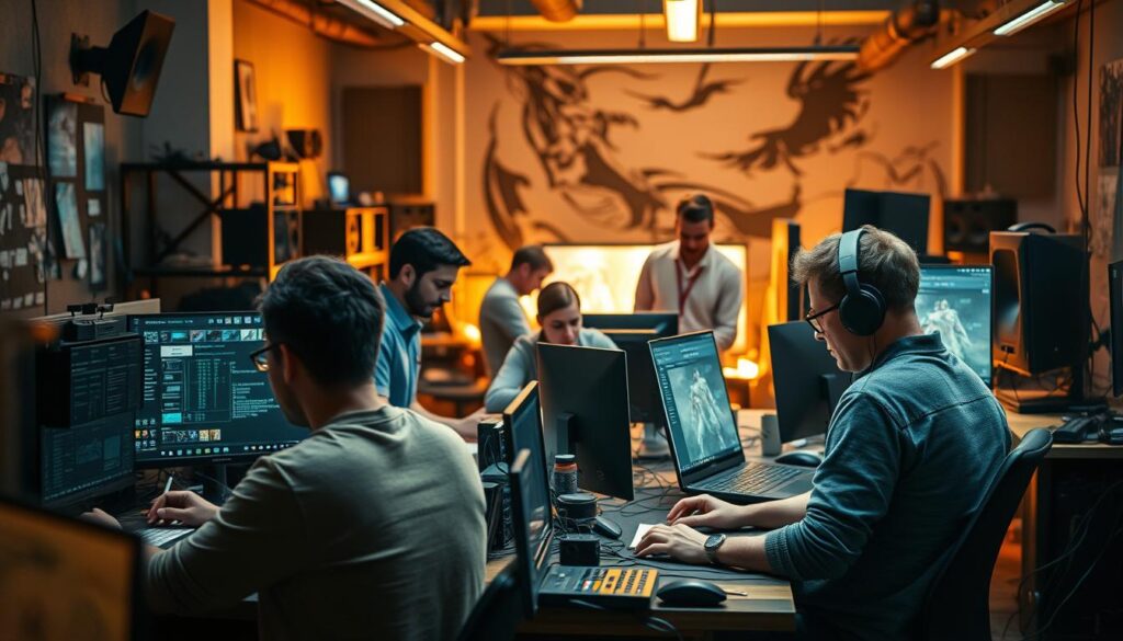 A bustling game development studio, with a diverse team of professionals working in harmony. In the foreground, a UI/UX designer meticulously crafting intuitive interfaces, while a 3D artist sculpts vivid character models nearby. In the middle ground, a programmer diligently optimizes game systems, collaborating with a sound engineer who weaves immersive audio tapestries. In the background, a project manager oversees the production, guiding the team towards their shared vision. Warm lighting illuminates the workspace, creating a dynamic and creative atmosphere. Angles shift fluidly, capturing the fluid collaboration and seamless integration of these specialized roles, all essential to the holistic development of a captivating game experience.