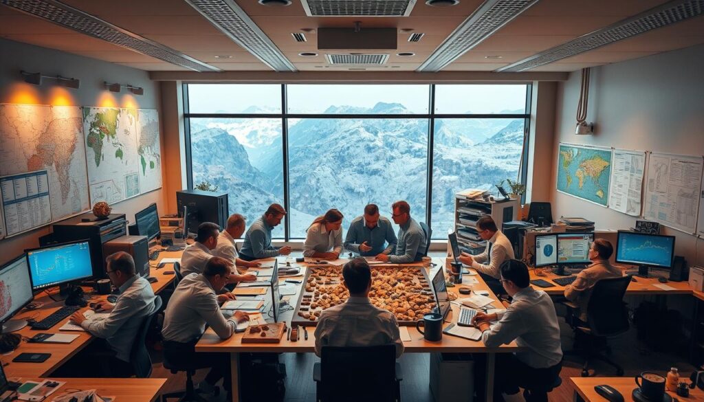 A bustling geological consultancy office, with geologists and engineers collaborating at their desks, surrounded by geological maps, rock samples, and computer screens displaying survey data. Warm, ambient lighting illuminates the space, creating a focused, productive atmosphere. In the middle ground, a team huddles around a large table, analyzing core samples and discussing field notes. In the background, a panoramic window offers a view of a rugged, mountainous landscape, hinting at the outdoor environments where their work takes them. An ergonomic, modern workspace that balances analytical rigor with the excitement of field exploration.