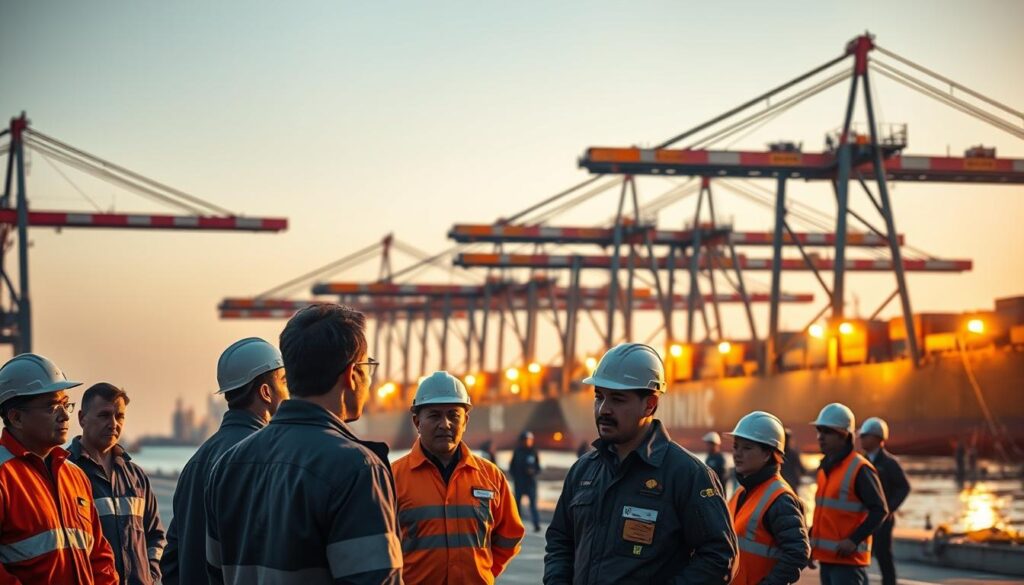 A bustling harbor scene at golden hour, with a focus on the port operations hiring process. In the foreground, a group of prospective dock workers engage in an interview, their faces determined yet hopeful. In the middle ground, experienced stevedores demonstrate loading and unloading techniques to eager trainees. In the background, towering container ships are being meticulously loaded by a fleet of gantry cranes, their bright lights illuminating the scene. The atmosphere is one of industrious efficiency, where the rhythm of commerce and the promise of steady employment intersect. Crisp, cinematic lighting accentuates the hard-working ethos of this essential maritime industry.