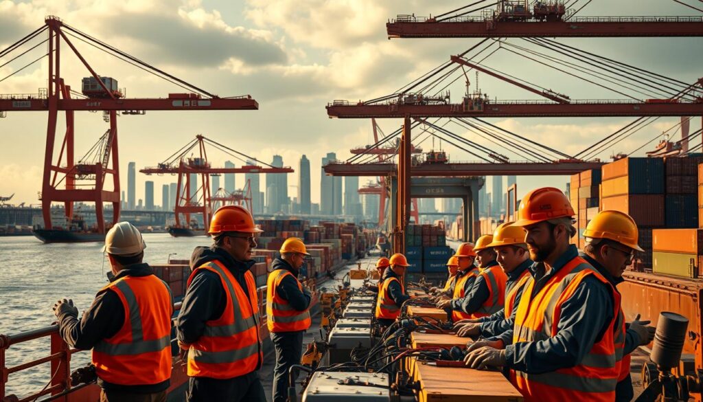 A bustling harbor scene, captured in a dramatic cinematic style. In the foreground, a group of hardworking port workers in reflective vests and hard hats, operating heavy machinery with skilled precision. In the middle ground, towering cranes and stacks of shipping containers, conveying the scale and complexity of modern port operations. In the background, a vibrant cityscape with skyscrapers and bridges, hinting at the wider economic and infrastructure context. Warm, golden lighting bathes the scene, creating a sense of energy and purpose. The composition is dynamic, with diagonal lines and a sense of movement, emphasizing the career progression and growth opportunities for those employed in this vital industry.