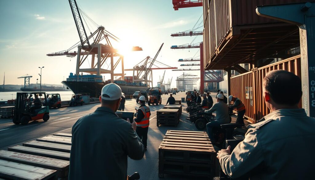 A bustling harbor scene, captured with a wide-angle lens. In the foreground, a team of port workers skillfully maneuvering cargo containers using specialized machinery, their faces etched with concentration. In the middle ground, forklifts deftly moving pallets, while in the background, towering cranes gracefully unload massive ships, the sun casting a warm glow over the entire operation. The atmosphere is one of efficient teamwork, where each worker's agility, coordination, and technical expertise contribute to the seamless flow of goods through the port. Subtle shadows and highlights accentuate the physicality of the tasks, conveying the demanding nature of port operations.