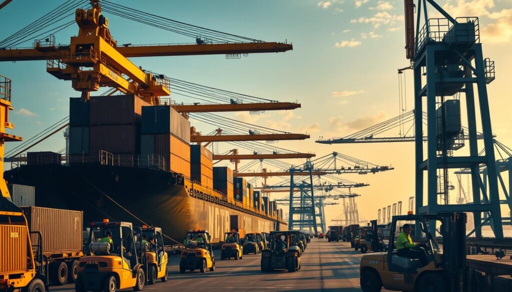 A bustling harbor scene showcasing the flow of port cargo operations. In the foreground, skilled workers carefully maneuver heavy cranes, loading and unloading containers from towering ships. The middle ground depicts forklifts efficiently transporting goods, while the background reveals a panoramic view of the port, with gantry cranes silhouetted against a sky painted in warm, golden hues. The atmosphere conveys a sense of industrious productivity, with intricate choreography of machinery and human labor. Crisp, realistic lighting illuminates the detailed machinery and workers' uniforms, capturing the technical precision of this vital maritime industry.