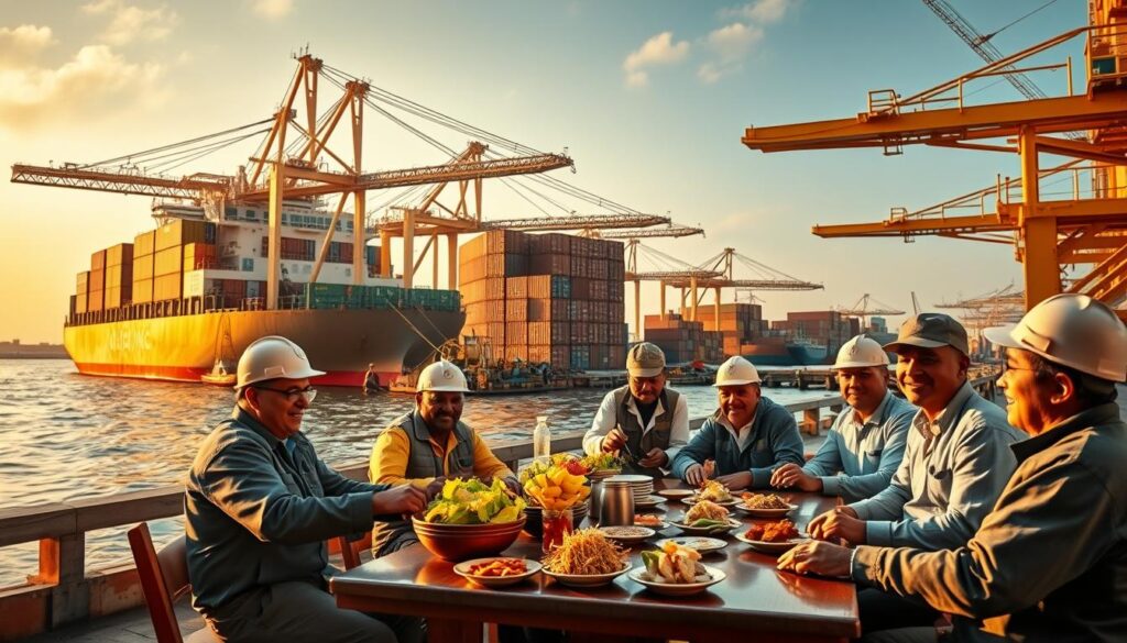 A bustling harbor scene showcasing the well-being of port workers. In the foreground, a group of dockers enjoy a communal lunch break, gathered around a table laden with traditional dishes. In the middle ground, workers unload cargo from a massive container ship, their movements coordinated and efficient. In the background, a modern, well-equipped warehouse stands, symbolizing the advanced facilities and infrastructure supporting the workers' daily tasks. Warm, diffused lighting casts a golden glow over the entire scene, evoking a sense of contentment and pride in their important roles. The composition captures the harmony between hard work and comprehensive employee benefits that characterize the port's operations.