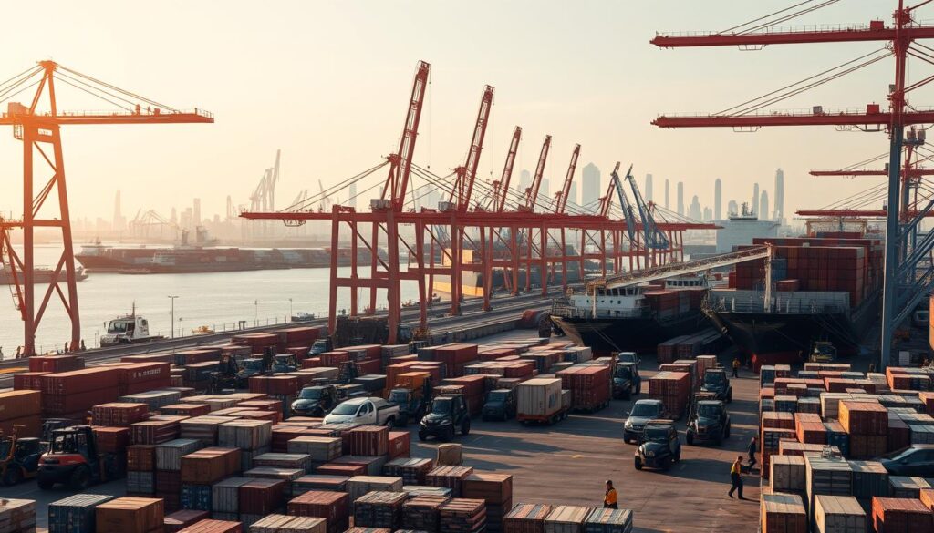 A bustling harbor scene, with towering cranes and cargo ships docked along the quayside. In the foreground, a team of hardworking dock workers navigate the maze of crates and containers, using their skill and teamwork to efficiently load and unload the vessels. The middle ground showcases the intricate dance of forklifts and gantry cranes, moving goods with precision and purpose. In the background, the harbor skyline rises, a testament to the importance of this hub of commerce and trade. Warm, golden lighting casts a sense of pride and accomplishment over the scene, highlighting the vital role these workers play in connecting communities and driving economic growth.