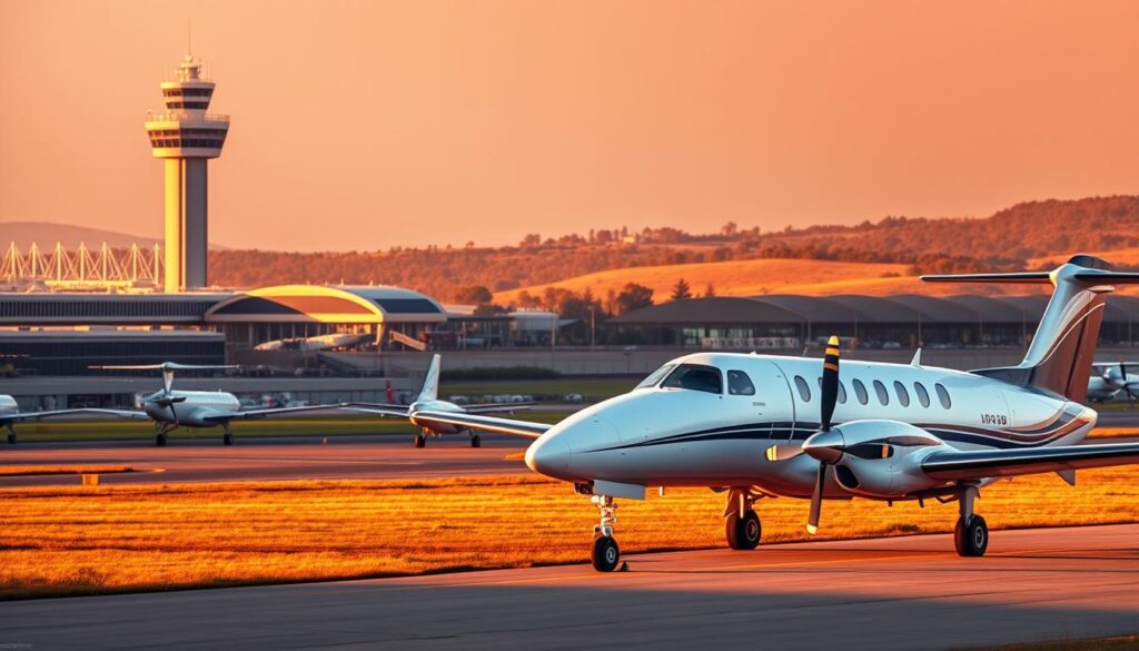 A bustling international airport with a towering control tower, contrasted with a smaller regional airfield set against a rural landscape. In the foreground, two distinct aircraft - a sleek, state-of-the-art jet airliner and a nimble, propeller-driven regional commuter plane. Warm, golden lighting illuminates the scene, casting long shadows and creating a sense of scale and grandeur. The image captures the essence of the differences between major and regional air carriers - their fleet, infrastructure, and the unique role each plays in the broader aviation ecosystem.