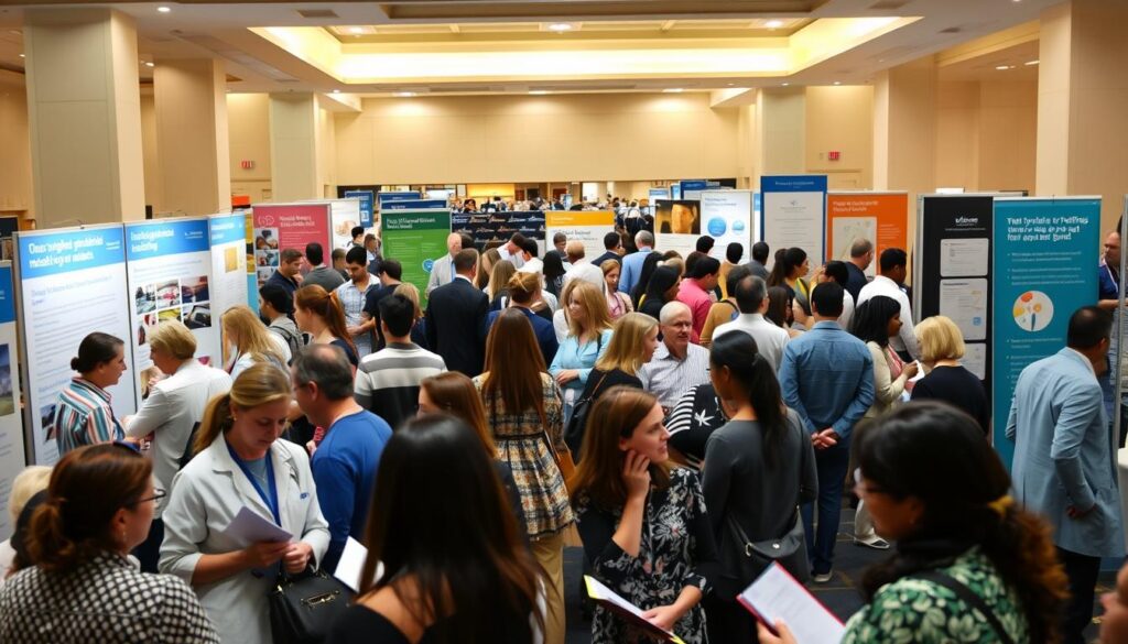 A bustling job fair for healthcare professionals, with a focus on the dynamic caregiving industry. In the foreground, a diverse group of job seekers engage with representatives from various care facilities, discussing opportunities and exchanging resumes under the warm glow of overhead lighting. In the middle ground, career coaches offer advice and guidance, while in the background, informative displays and signage provide insights into the current trends and demands within the caregiving job market. The scene conveys a sense of optimism, opportunity, and the importance of the caregiving profession in meeting the needs of an aging population.
