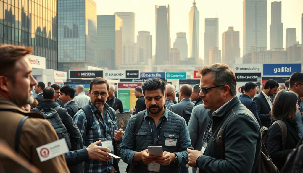 A bustling job fair for professional film developers, the scene depicts a dynamic and competitive landscape. In the foreground, a group of seasoned developers network and exchange business cards, their expressions conveying a mix of determination and uncertainty. The middle ground showcases a variety of booths, each emblazoned with the logos of various media companies and post-production studios, all vying for the attention of the skilled workforce. In the background, a backdrop of sleek, modern office buildings and towering skyscrapers suggests the high-stakes, fast-paced nature of the industry. Soft, diffused lighting casts a warm, inviting glow over the entire scene, creating a sense of professional opportunity and growth. The overall atmosphere conveys the challenges and excitement of a dynamic job market for seasoned film developers seeking new challenges and career advancement.