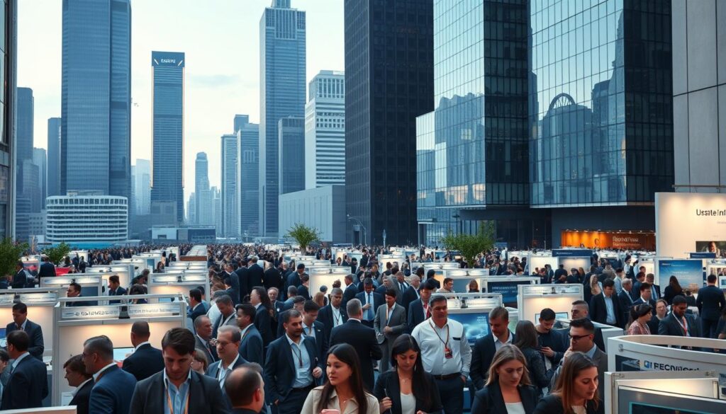 A bustling job fair in a modern city, with towering skyscrapers and sleek office buildings in the background. In the foreground, a diverse crowd of professionals in business attire navigate through organized booths and displays, engaged in animated conversations. Soft lighting from overhead fixtures casts a warm, inviting glow, creating an atmosphere of opportunity and potential. The scene captures the dynamic nature of the job market, where system engineers actively seek new challenges and career advancements.