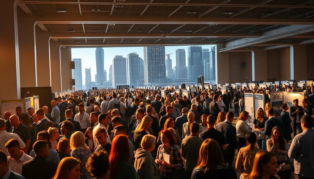 A bustling job fair scene, illuminated by warm, golden lighting. In the foreground, a diverse crowd of job seekers mingle, resumes in hand, engaged in animated conversations with potential employers. The middle ground features rows of informational booths and interactive displays, creating a sense of opportunity and possibility. In the background, a towering skyline of modern office buildings, hinting at the broader job market and professional landscape. The overall atmosphere conveys a dynamic, vibrant, and hopeful transition, reflecting the experiences of home healthcare workers seeking new career paths.