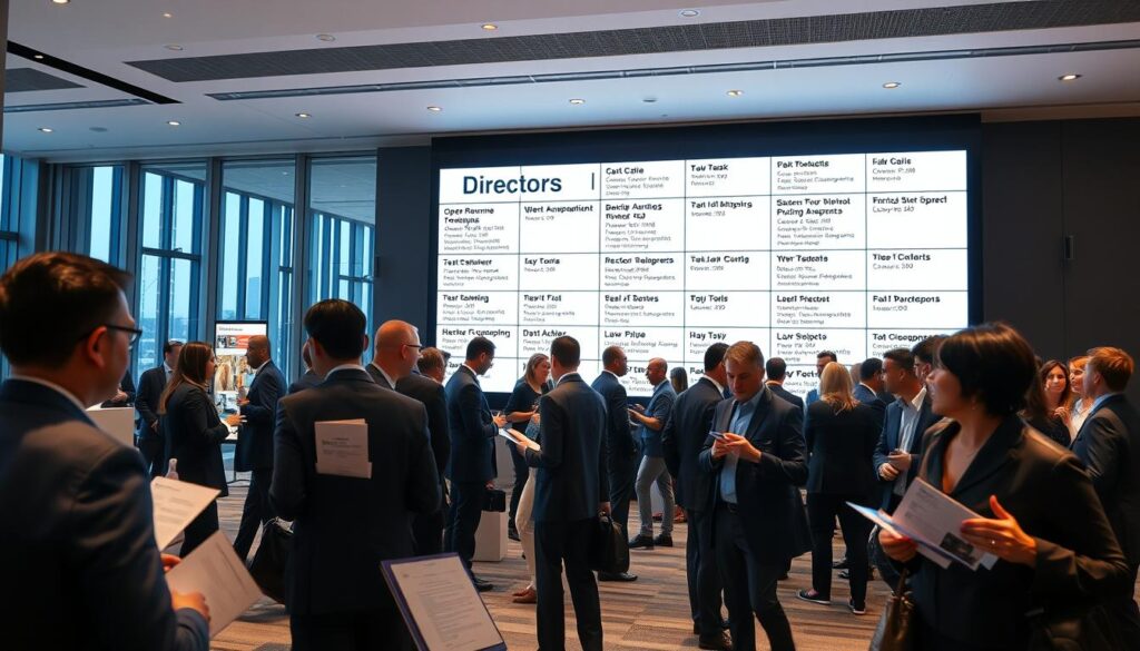 A bustling job market for directors, showcasing a diverse array of professional opportunities. In the foreground, a group of well-dressed individuals engage in animated discussions, exchanging business cards and resumes. The middle ground features a large digital display board, illuminating a variety of open director positions across various industries. In the background, a sleek, modern office setting with floor-to-ceiling windows, bathed in a soft, warm lighting that creates a professional and inviting atmosphere. The overall scene conveys a sense of dynamism, opportunity, and the highly sought-after nature of experienced directors in the workforce.