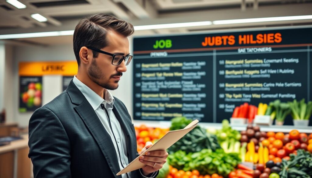 A bustling job market for veggie connoisseurs, showcasing a vibrant job listing board featuring various openings for qualified vegetable sommeliers. A modern, well-lit office setting with sleek interiors and a minimalist design, creating an atmosphere of professionalism and culinary expertise. In the foreground, a smartly-dressed vegetable sommelier peruses the listings, exuding confidence and a keen eye for produce. The background hints at the growing demand for these specialized food experts, with a colorful display of fresh, seasonal vegetables lining the shelves. The overall scene conveys the dynamic and in-demand nature of the vegetable sommelier profession, attracting talent and opportunities in the thriving world of gourmet cuisine.