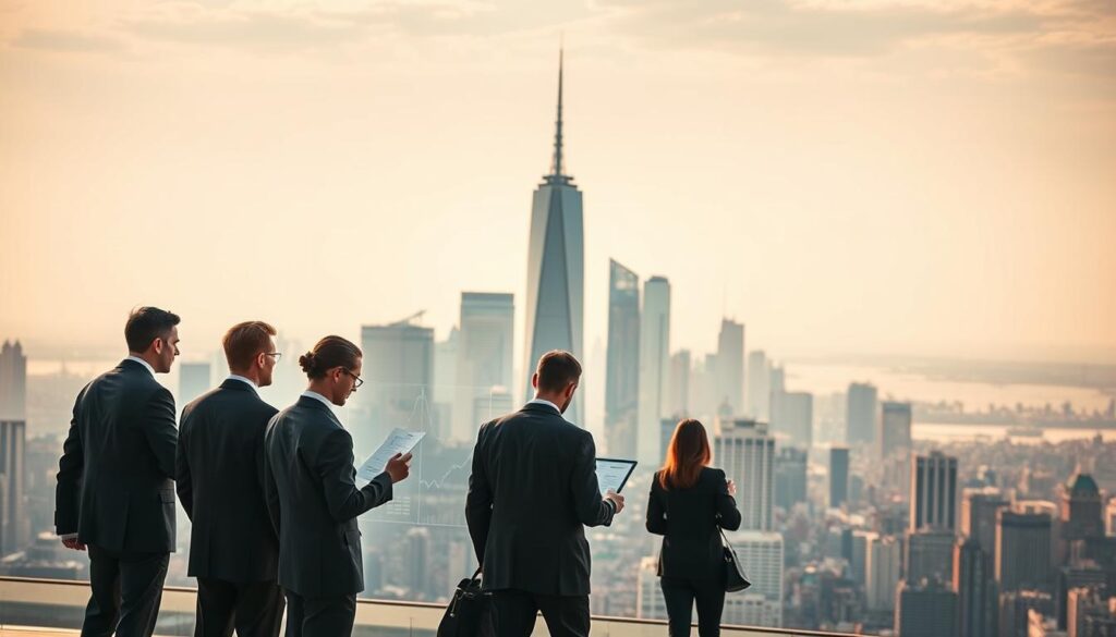 A bustling job market landscape, with professionals in business attire navigating a dynamic, data-driven environment. In the foreground, a group of figures examine charts and graphs, evaluating employment trends. The middle ground features a towering city skyline, conveying the scale and complexity of the job landscape. Warm, diffused lighting casts a contemplative atmosphere, as the background fades into a soft, hazy horizon, suggesting the ever-evolving nature of the job market. Depth of field and subtle camera angles lend a sense of immersion, drawing the viewer into the scene.