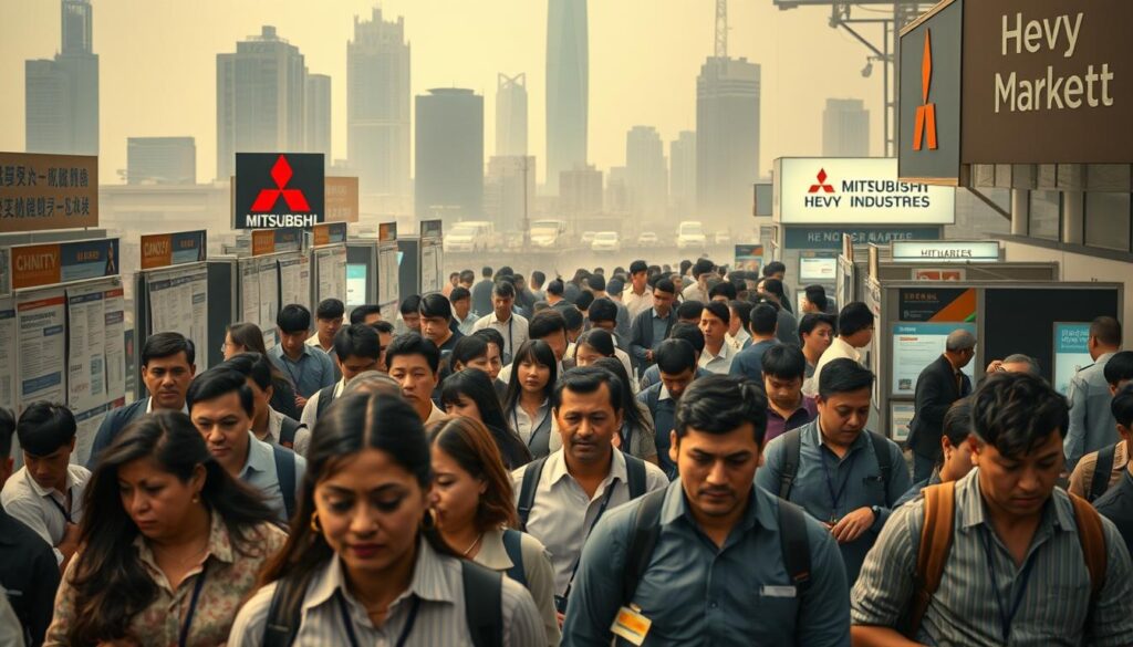 A bustling job market scene, captured in a realistic, cinematic style. In the foreground, a diverse group of job seekers navigates a maze of job postings and recruitment booths, their expressions conveying a mix of determination and uncertainty. In the middle ground, HR professionals and hiring managers engage in lively discussions, analyzing resumes and conducting interviews. The background is a hazy, corporate landscape, with towering skyscrapers and the Mitsubishi Heavy Industries logo prominently displayed, representing the company's prominent position in the job market. Soft, directional lighting illuminates the scene, creating a sense of depth and atmosphere. The overall mood is one of intensity and opportunity, reflecting the current state of the job market and the potential for career transitions.