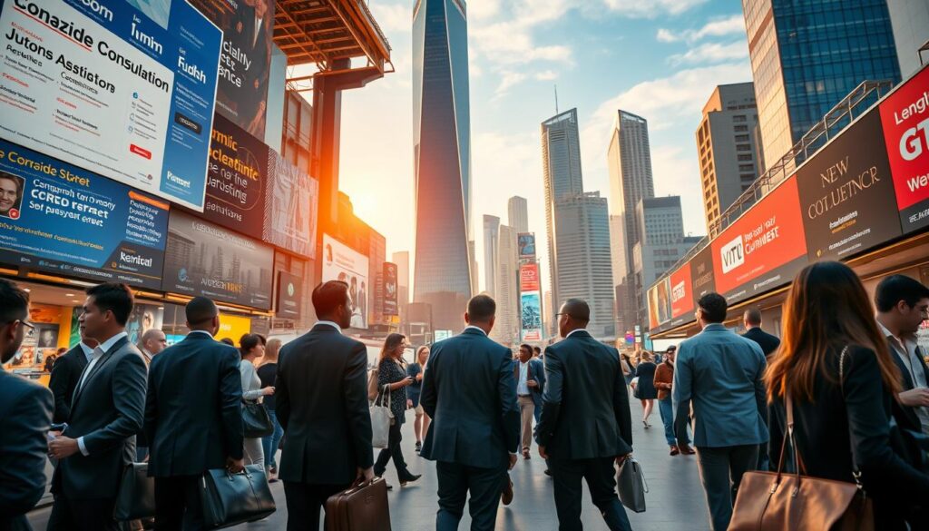 A bustling job market scene, captured in a wide-angle lens with a cinematic flair. In the foreground, a group of professionals in suits and briefcases, engaged in animated discussions, navigating the complexities of career transitions. The middle ground reveals a diverse array of job listings, advertisements, and networking events, creating a sense of opportunity and dynamism. In the background, a towering cityscape with sleek high-rises and a vibrant urban atmosphere, symbolizing the broader economic landscape. The lighting is warm and golden, casting a subtle glow over the scene, evoking a sense of optimism and growth. The overall composition conveys the energy, competitiveness, and potential of the job market for compensation consultants.