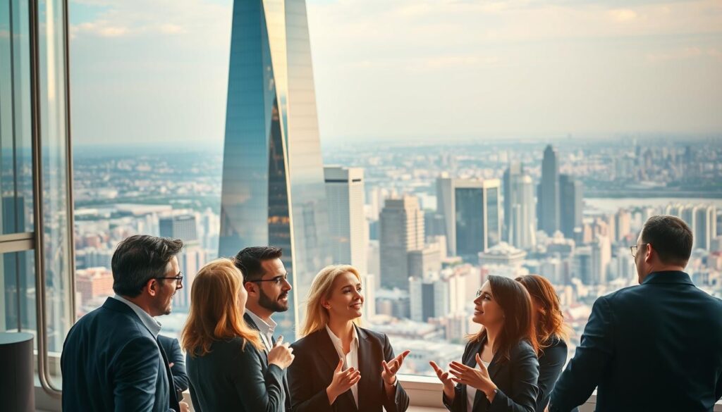 A bustling job market scene, capturing the dynamic demand for customer engineering roles. In the foreground, a group of professionals in business attire engaged in animated discussions, their gestures conveying the competitive nature of the field. The middle ground features a towering glass skyscraper, its sleek design and reflective surfaces symbolizing the corporate landscape. In the background, a sprawling city skyline with a blend of modern and traditional architecture, suggesting the diverse opportunities available. The lighting is a warm, golden hue, creating a sense of optimism and opportunity. The overall composition conveys the vibrant and rapidly evolving nature of the customer engineering job market.