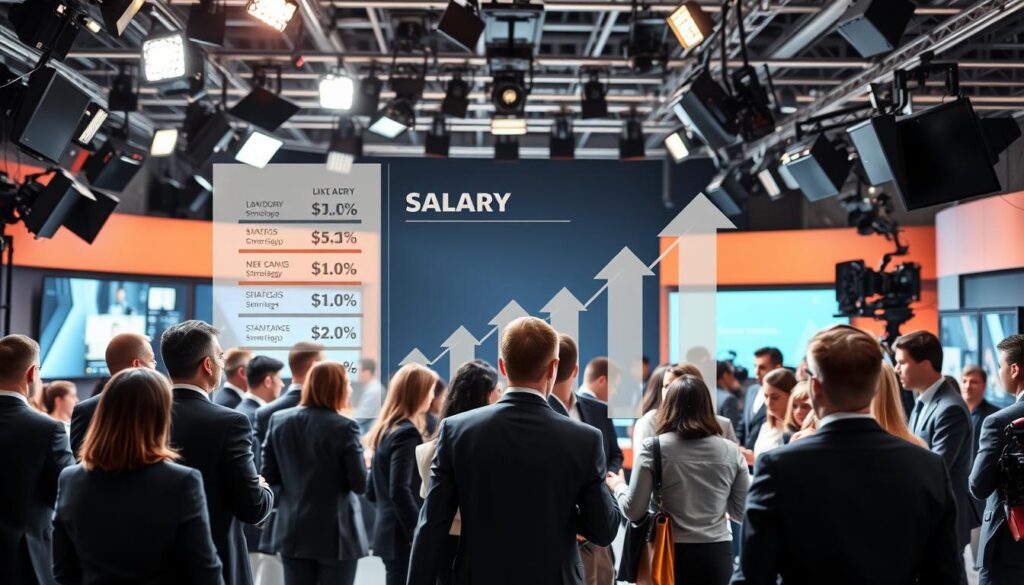 A bustling job market with a diverse range of career opportunities in the television industry. The foreground showcases a group of professionals dressed in business attire, engaged in lively discussions, highlighting the competitive nature of the market. The middle ground features a graphical representation of salary information, with arrows pointing upwards, suggesting strategies for career advancement and higher earnings. The background depicts a studio setting, with cameras, lighting equipment, and technical personnel, alluding to the technical aspects of the television industry. The overall scene conveys a sense of dynamism, innovation, and the potential for professional growth and financial success in the television industry.