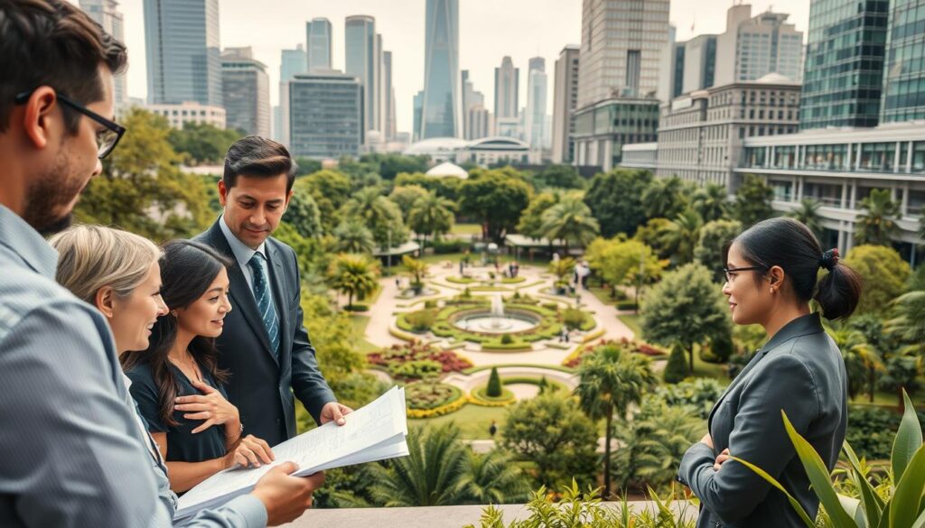 A bustling landscape of lush greenery and modern architectural elements, showcasing the evolving role of the landscape design consultant. In the foreground, a team of professionals in crisp business attire collaborate over detailed plans, their expressions thoughtful as they navigate the latest industry trends. The middle ground reveals a serene public garden, where innovative planting schemes and water features illustrate the consultant's ability to blend nature and urban spaces. In the background, towering skyscrapers and sleek commercial buildings hint at the growing demand for sustainable, visually appealing outdoor spaces. Warm, diffused lighting casts a professional, sophisticated atmosphere, capturing the dynamic and multifaceted nature of the landscape consultant's evolving role.
