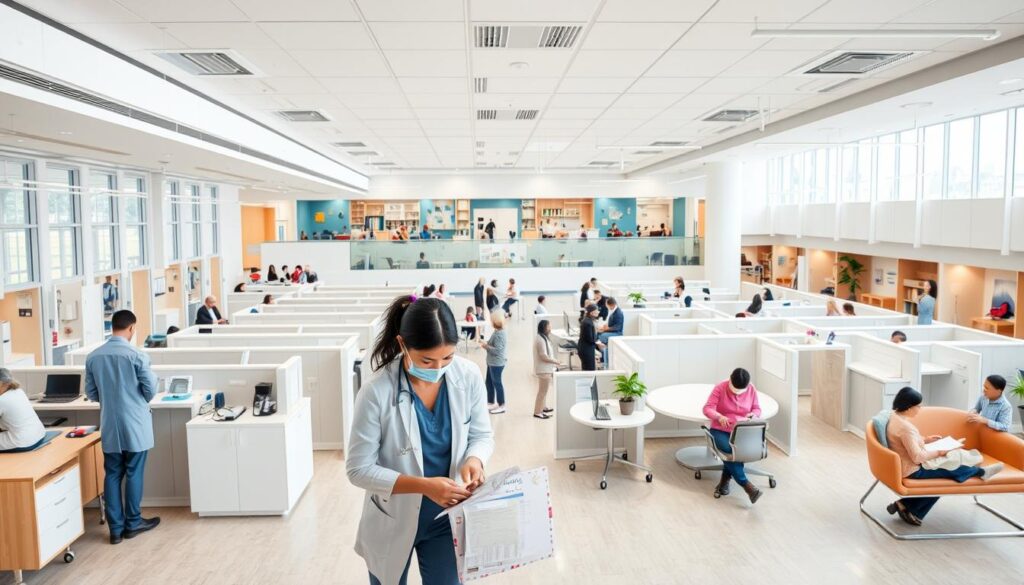 A bustling medical facility with a serene, professional atmosphere. In the foreground, a language therapist intently engages with a patient, using a variety of tools and techniques to aid their communication. The middle ground features a diverse array of clinical settings, from private consultation rooms to group therapy areas, each designed to cater to the unique needs of the patients. In the background, a panoramic view of the facility's modern architecture, filled with natural light and a calming color palette. The scene conveys the dedication, expertise, and multifaceted nature of the language therapist's work, helping patients of all ages and backgrounds to overcome communication challenges and thrive.