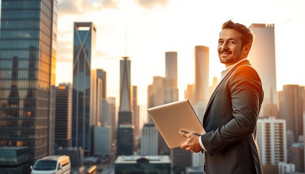 A bustling modern city skyline with towering glass and steel skyscrapers, bathed in warm golden hour light. In the foreground, a smartly dressed financial planner stands confidently, laptop in hand, overlooking the thriving cityscape. The planner's expression is one of determination and vision, reflecting the bright future of the finance industry and the crucial role financial planners play in shaping it. Subtle details like currency symbols, stock tickers, and balanced scales in the background reinforce the planner's expertise and the dynamic, ever-evolving nature of the financial landscape. The overall scene conveys a sense of optimism, growth, and the endless possibilities that await ambitious financial professionals.