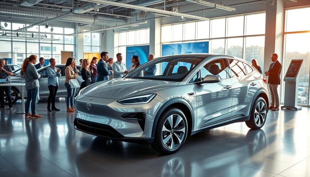 A bustling, modern dealership showroom, bathed in warm, natural lighting from large windows. In the foreground, a sleek, state-of-the-art electric vehicle takes center stage, its gleaming exterior reflecting the excitement of the future. Across the middle ground, a group of passionate, knowledgeable salespeople engage with prospective customers, their body language exuding confidence and a dedication to superior service. In the background, the latest digital displays and interactive kiosks showcase the dealer's commitment to innovation and the seamless integration of technology. An atmosphere of optimism, growth, and a glimpse into the promising days ahead for the automotive industry.