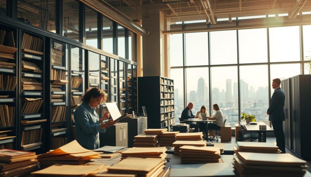 A bustling modern office, bathed in warm natural light streaming through large windows. In the foreground, an archivist diligently organizing and digitizing historical documents, surrounded by state-of-the-art archival storage systems. In the middle ground, a team collaborates on a virtual curation project, exploring innovative ways to present the archived material to the public. The background showcases a panoramic view of a thriving city skyline, hinting at the archivist's pivotal role in preserving and sharing the community's cultural heritage. The scene conveys a sense of technological advancement, intellectual curiosity, and a bright future for the archival profession.