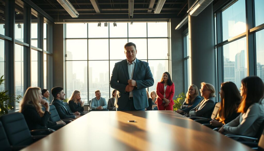A bustling modern office, filled with natural light streaming through large windows. In the foreground, a confident and driven director standing at the head of a conference table, leading a team discussion. The director's face is partially obscured, conveying a sense of mystery and potential. The middle ground features a diverse group of professionals engaged in lively conversation, their body language indicating collaboration and forward-thinking. In the background, a city skyline visible through the windows, hinting at the director's expansive influence and the limitless opportunities that lie ahead. The scene is captured with a cinematic wide-angle lens, creating a sense of depth and immersion. The overall mood is one of ambition, dynamism, and the promise of a thriving future.