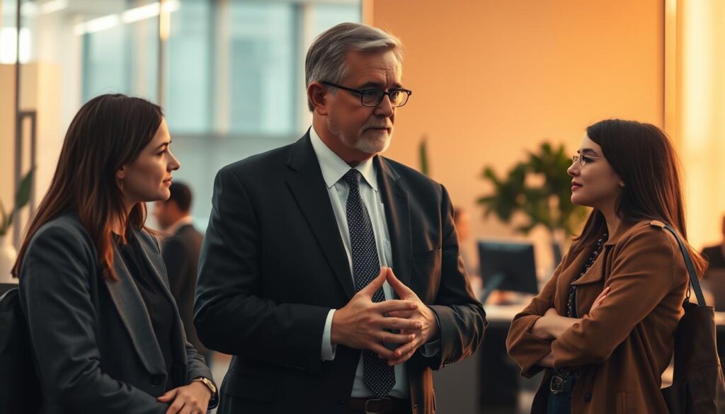 A bustling modern office setting, with a middle-aged professional in a suit engaged in discussion with two younger, casually dressed colleagues. Warm yet muted lighting casts a contemplative mood, as the senior figure listens intently, hands clasped, conveying a sense of mentorship and wisdom. The younger employees lean in, expressions attentive, creating an atmosphere of respectful collaboration. The composition emphasizes the subtle power dynamics and generational differences, while hinting at the harmonious working relationship. Realistic textures, clean lines, and a well-balanced, cinematic framing complete the scene.