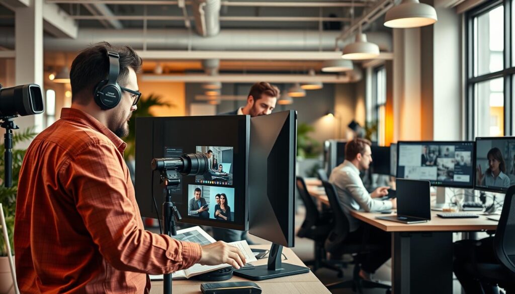 A bustling modern office setting, with four distinct workstations representing different professional roles. In the foreground, a dynamic photo director reviews digital images on a high-resolution monitor, surrounded by camera equipment and lighting gear. In the middle ground, a business analyst pores over financial reports, while a software engineer codes at their desk. In the background, a project manager coordinates with team members via videoconference. The scene is illuminated by a combination of natural daylight filtering through large windows and warm overhead lighting, creating a focused yet collaborative atmosphere. The varying postures, attire, and tools of the employees convey their unique responsibilities and expertise within the organization.